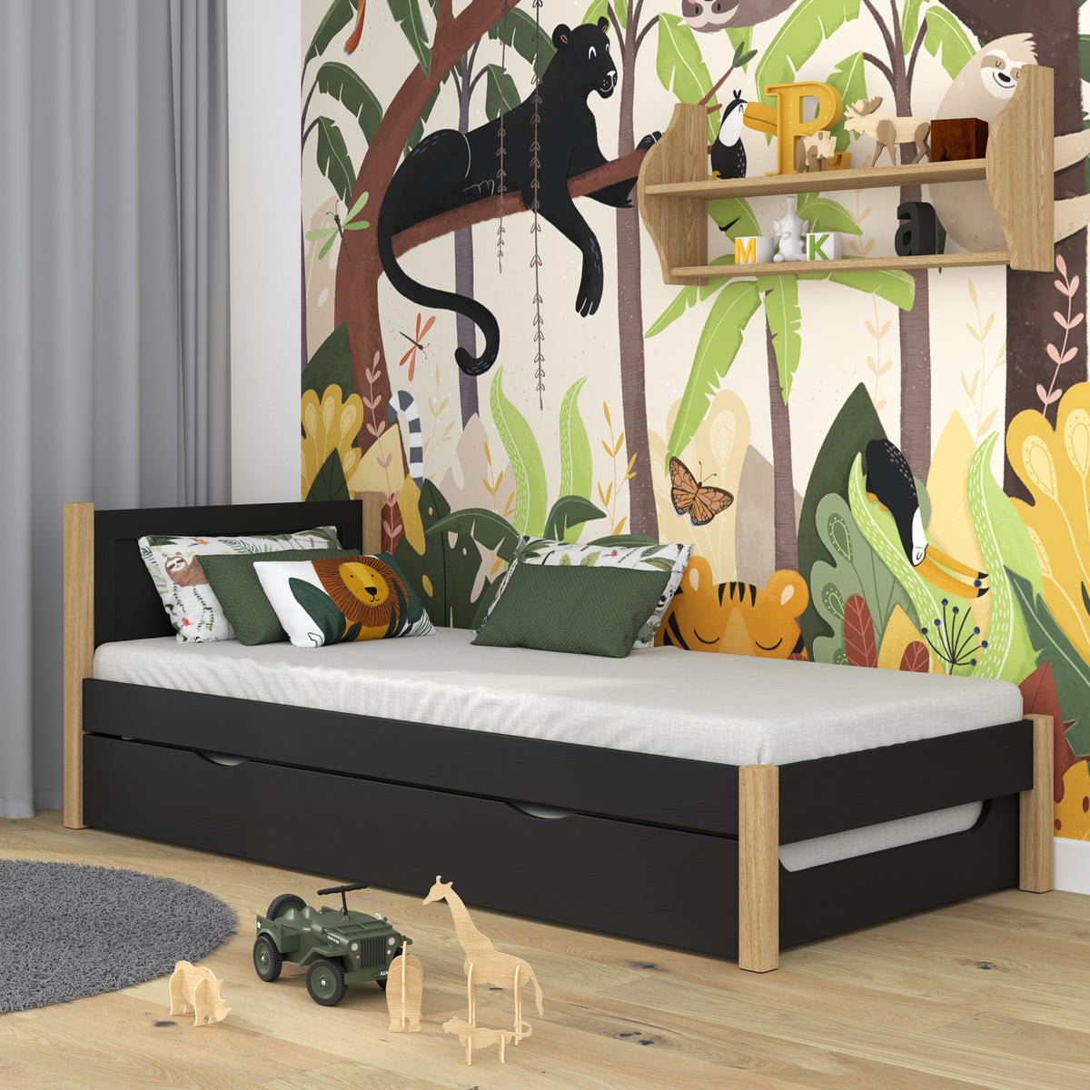 Lit noir-chêne z tiroir na dodatkowy matelas – en bois, pour enfants Nizio