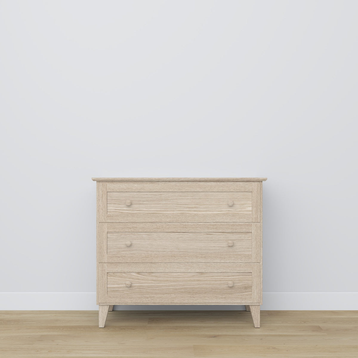 Commode 3S chêne blanchi – poignée et face du tiroir, gros plan na en chêne
