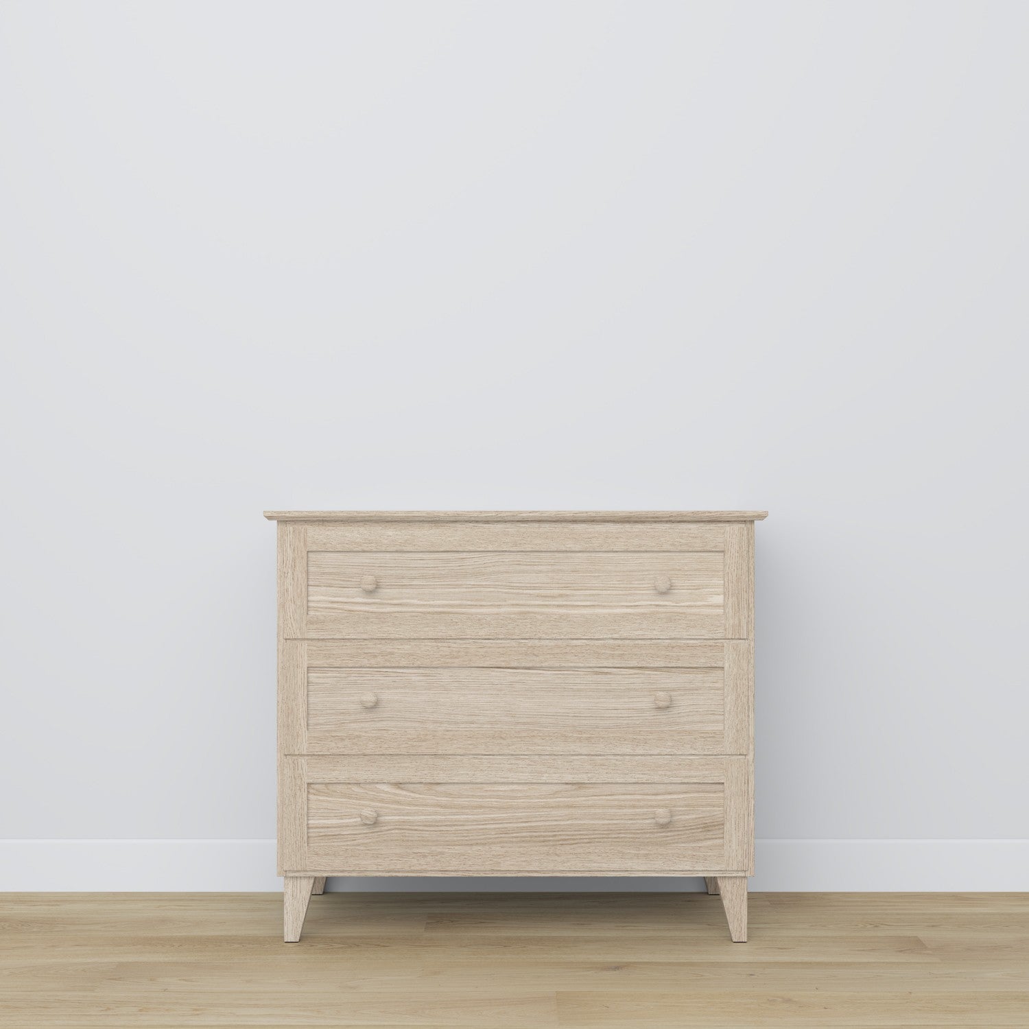 Commode 3S chêne blanchi – poignée et face du tiroir, gros plan na en chêne