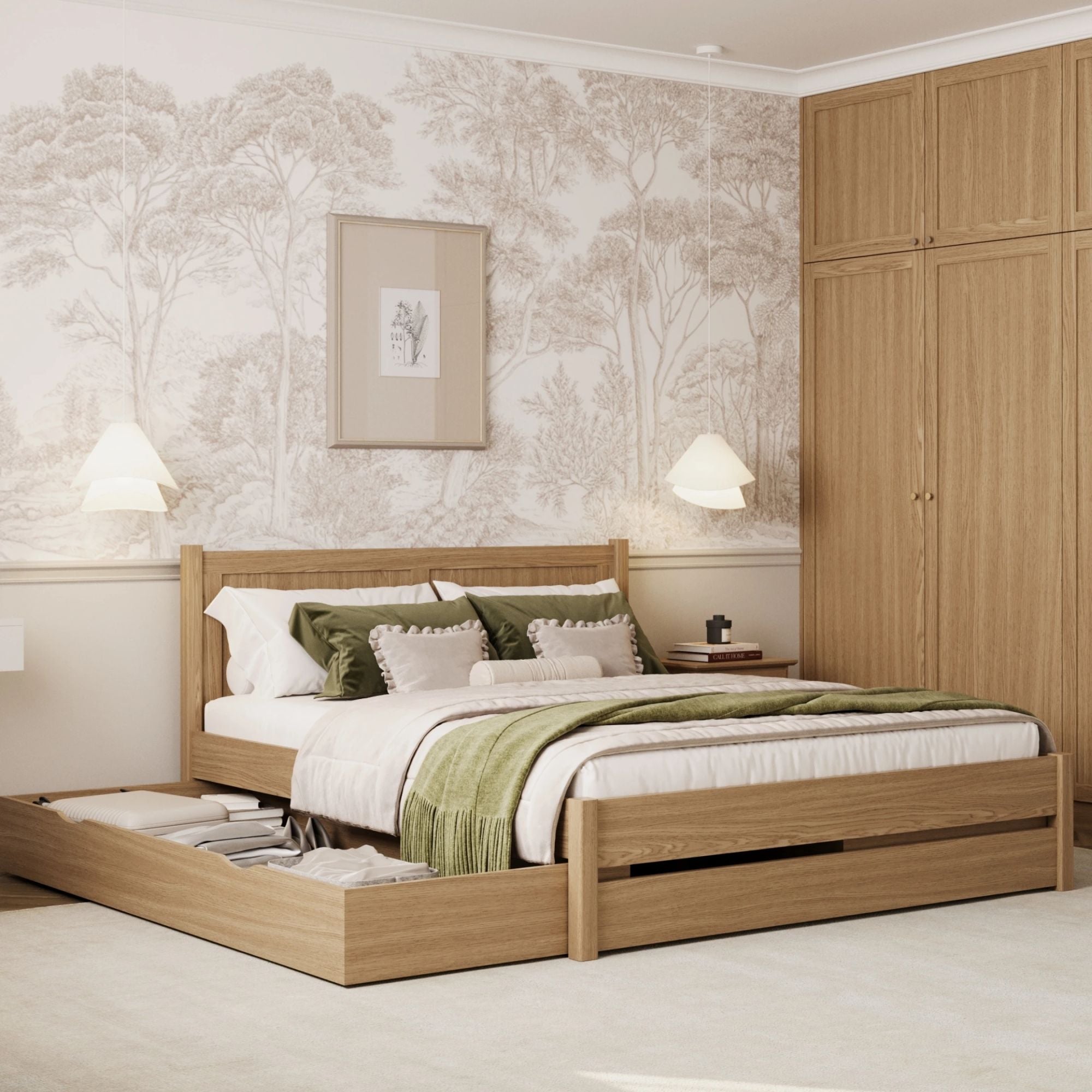 Oak double bed with drawer N02 oak natural