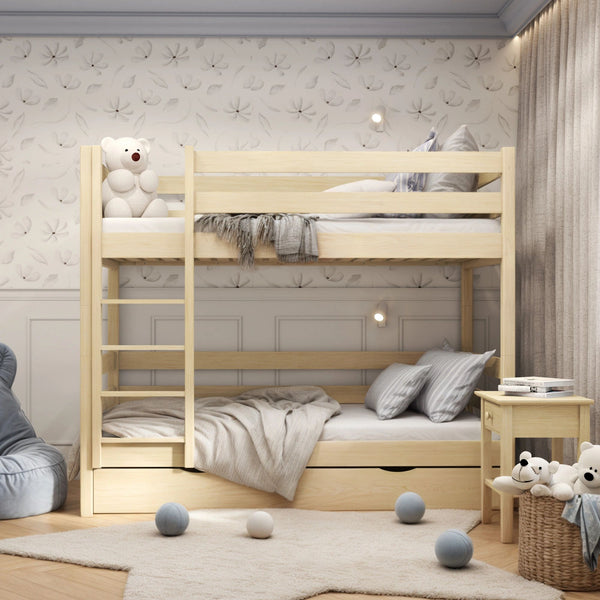 Lit superposé pin incolore z tiroir – barrière i échelle en bois, Nizio