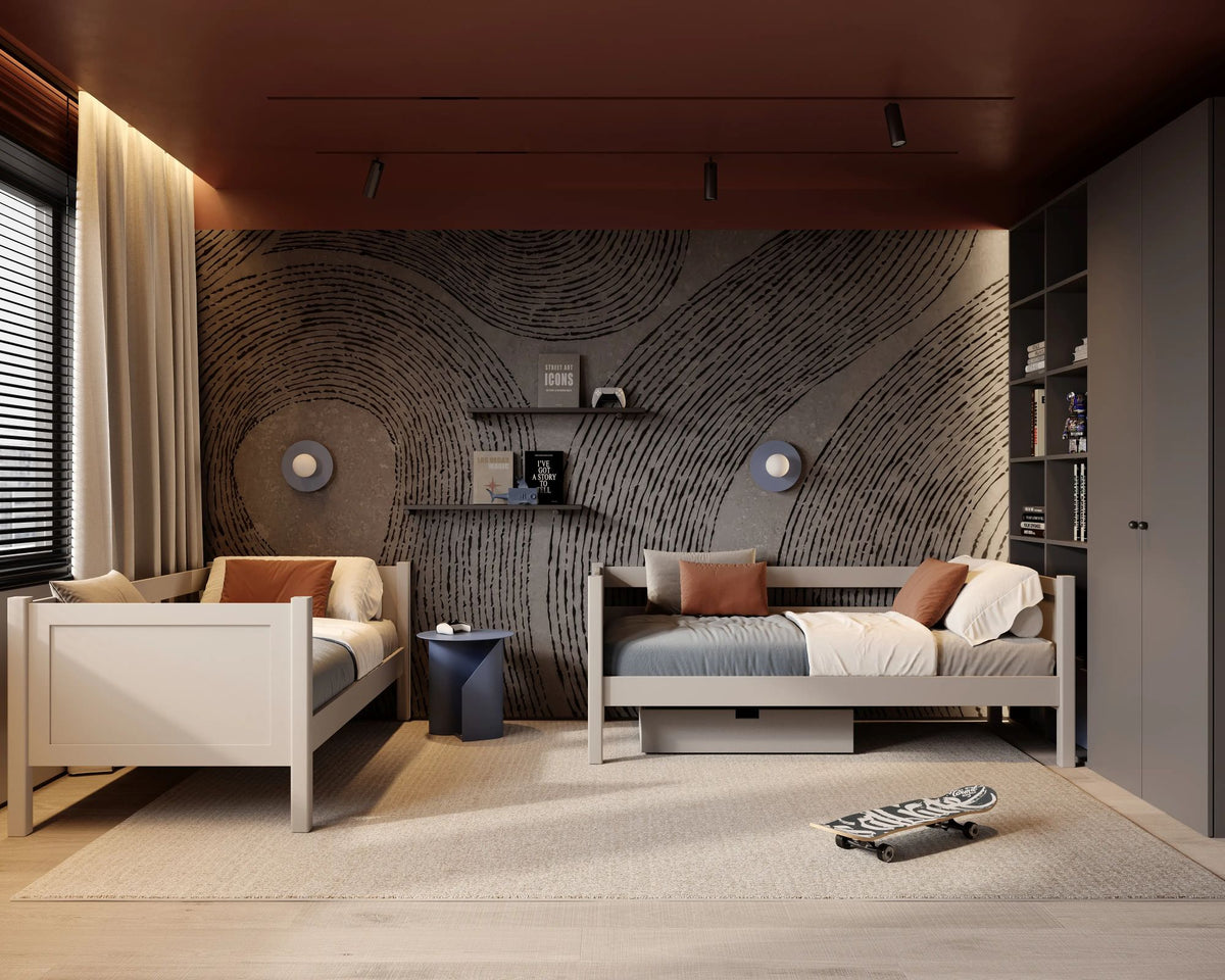 Lit superposé gris dans la chambre d'enfant – décoration scandinave, en bois
