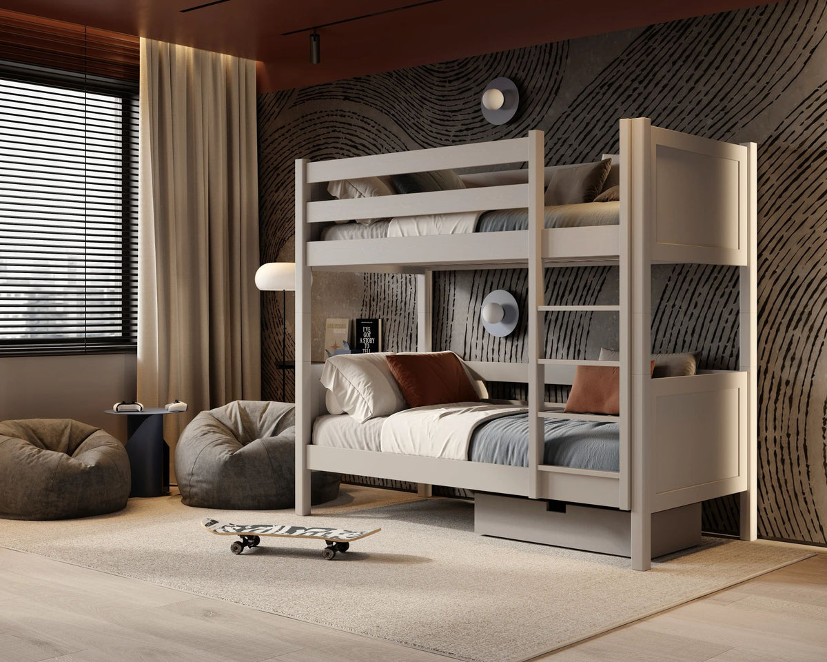 Lit superposé en bois gris – dwie chambree w jednym, construction sécurisée