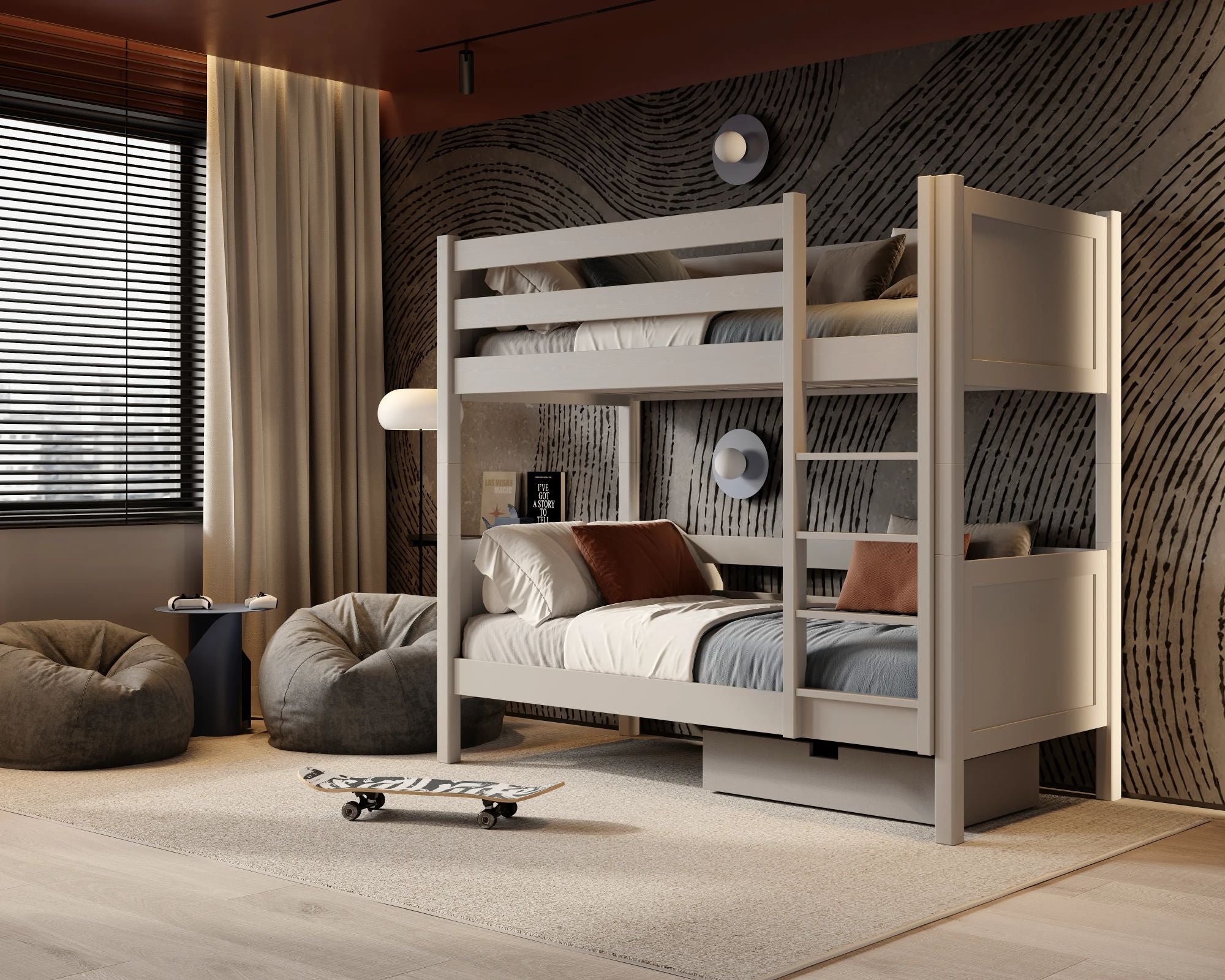 Lit superposé en bois gris – dwie chambree w jednym, construction sécurisée