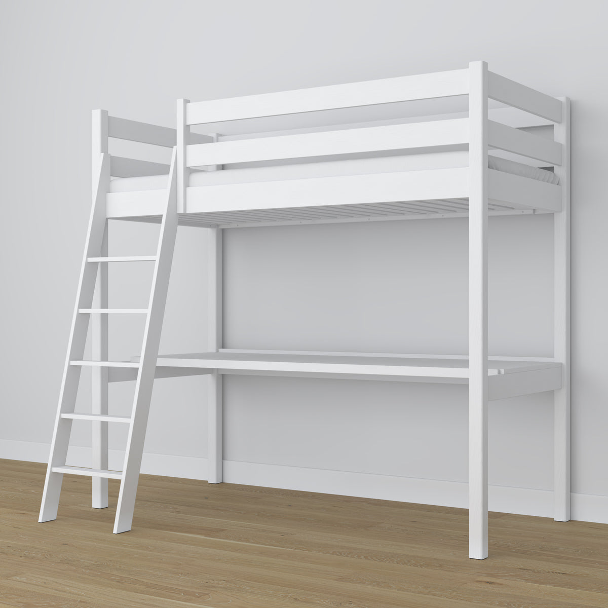Lit mezzanine en bois blanc avec bureau – sommier i lattes, Nizio