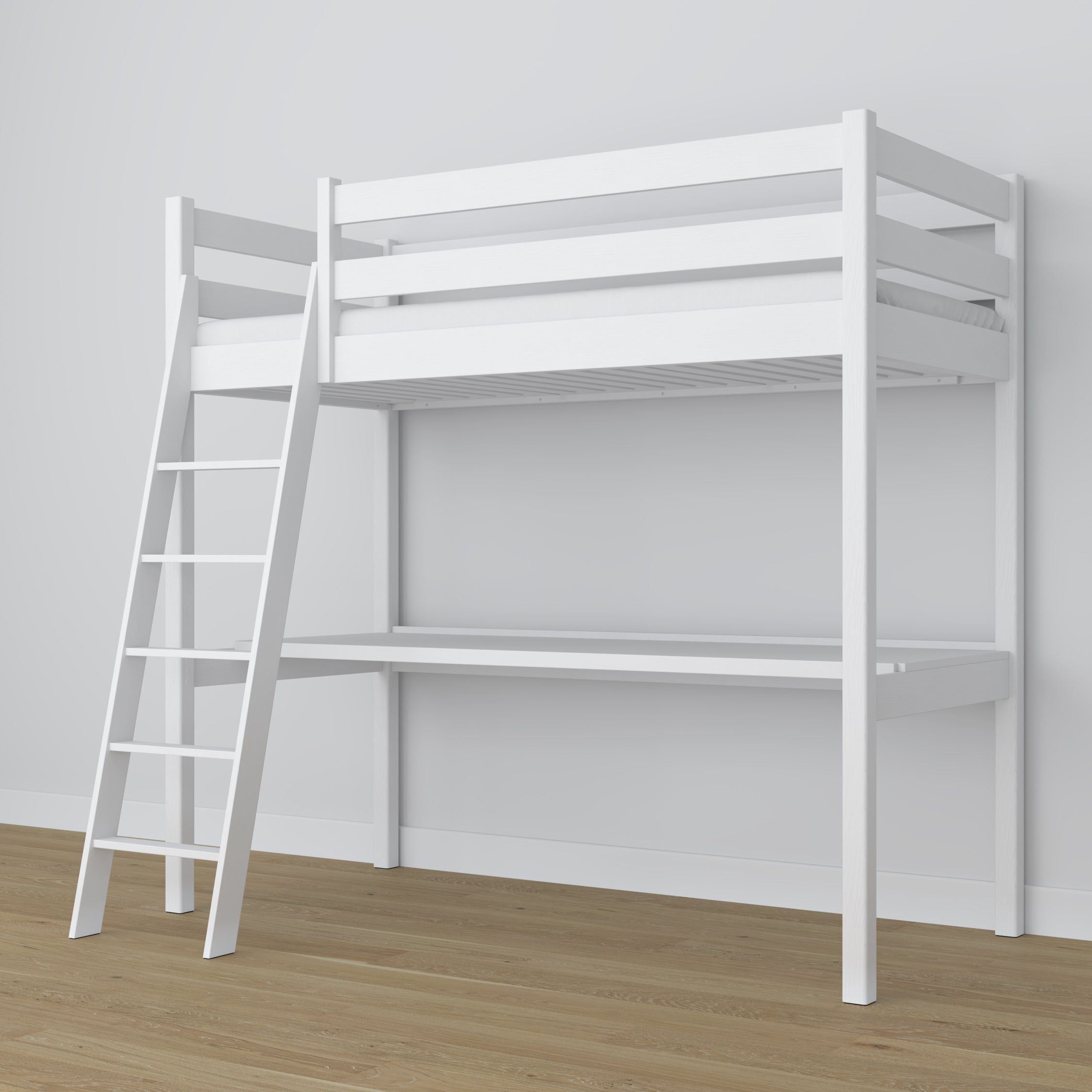 Lit mezzanine en bois blanc avec bureau – sommier i lattes, Nizio