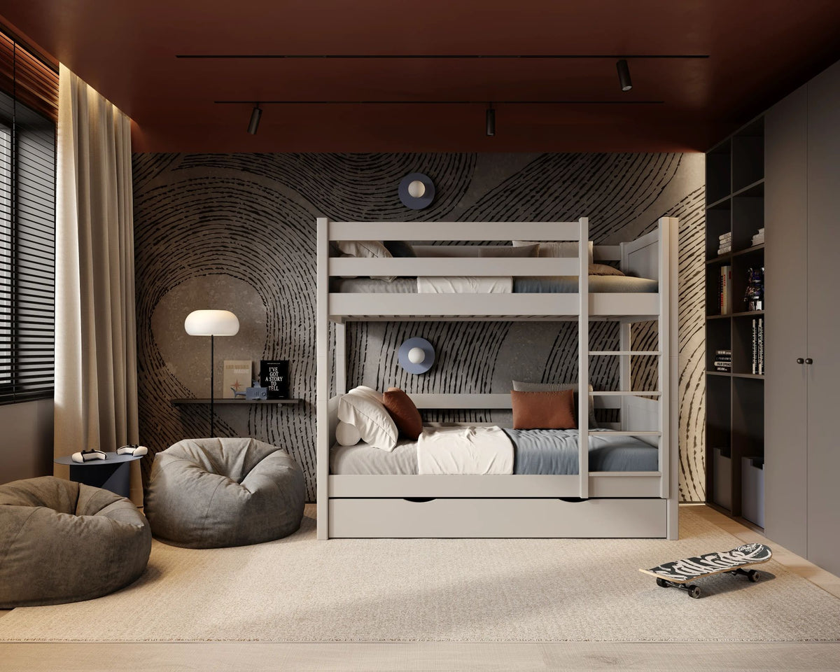 Lit superposé gris pour enfants – tiroir na matelas, en bois, Nizio