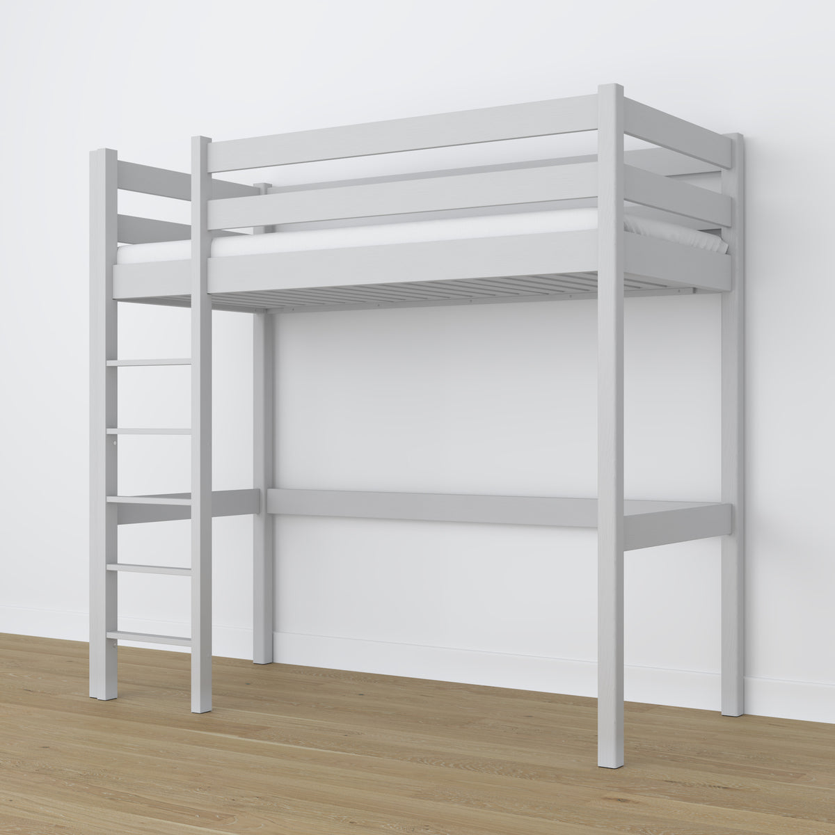 Lit mezzanine en bois gris – sommier à lattes, vue de côté