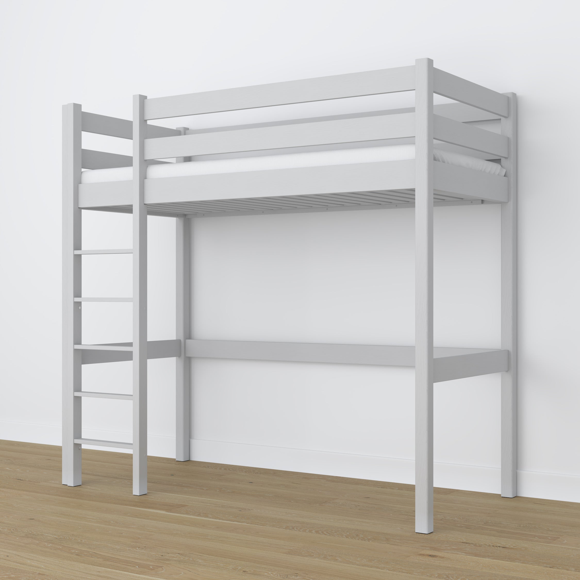 Lit mezzanine en bois gris – sommier à lattes, vue de côté