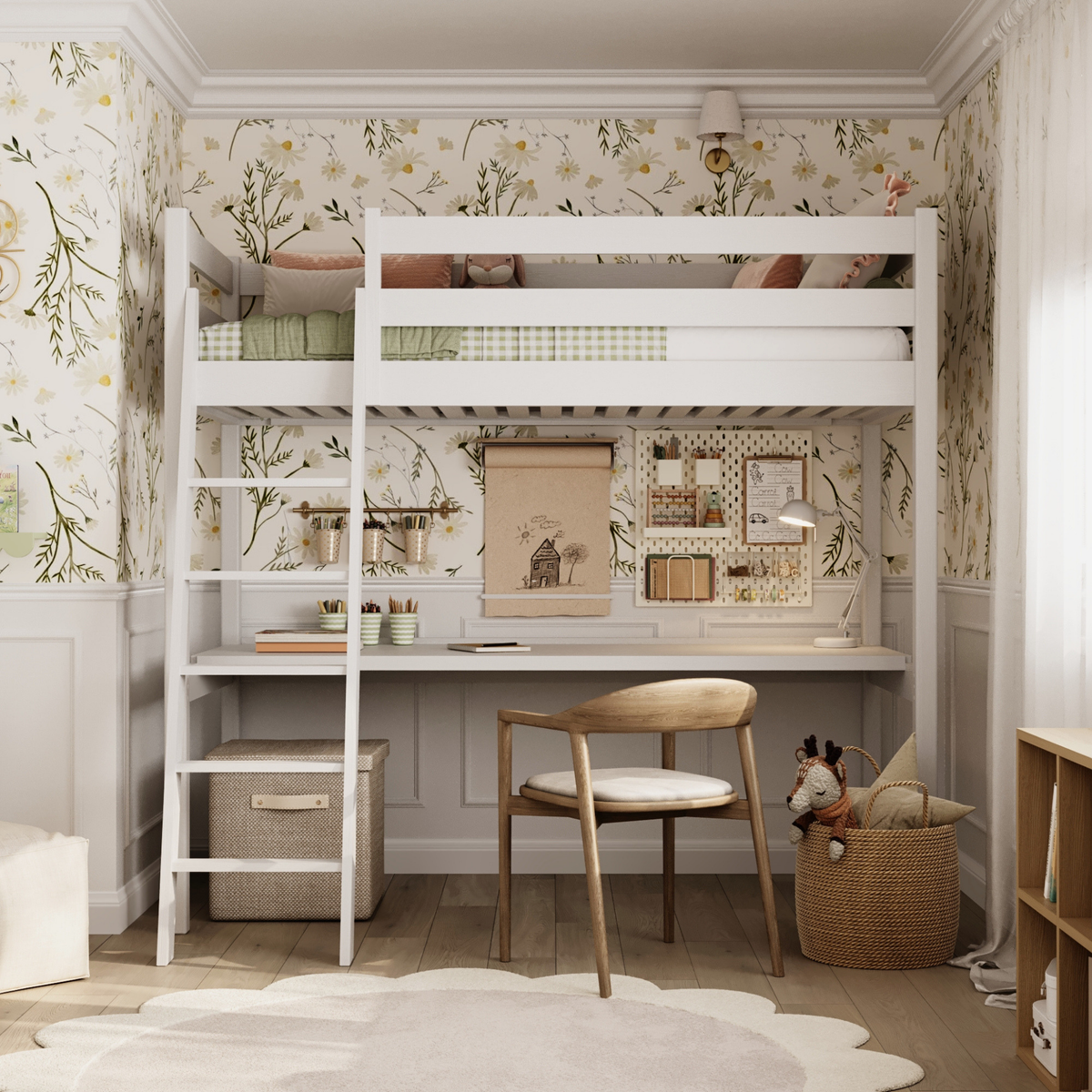 Lit mezzanine avec bureau en bois blanc – chambre d'enfant, scandinave Nizio