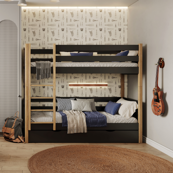 Black and Oak Bunk Bed with Drawer – Wooden Safety Rail and Ladder, Nizio