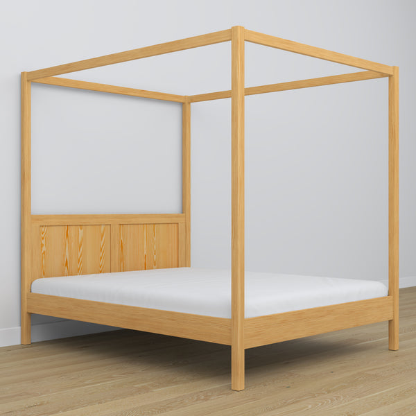 Double bed natural pine with canopy – decorative wooden frame, scandi