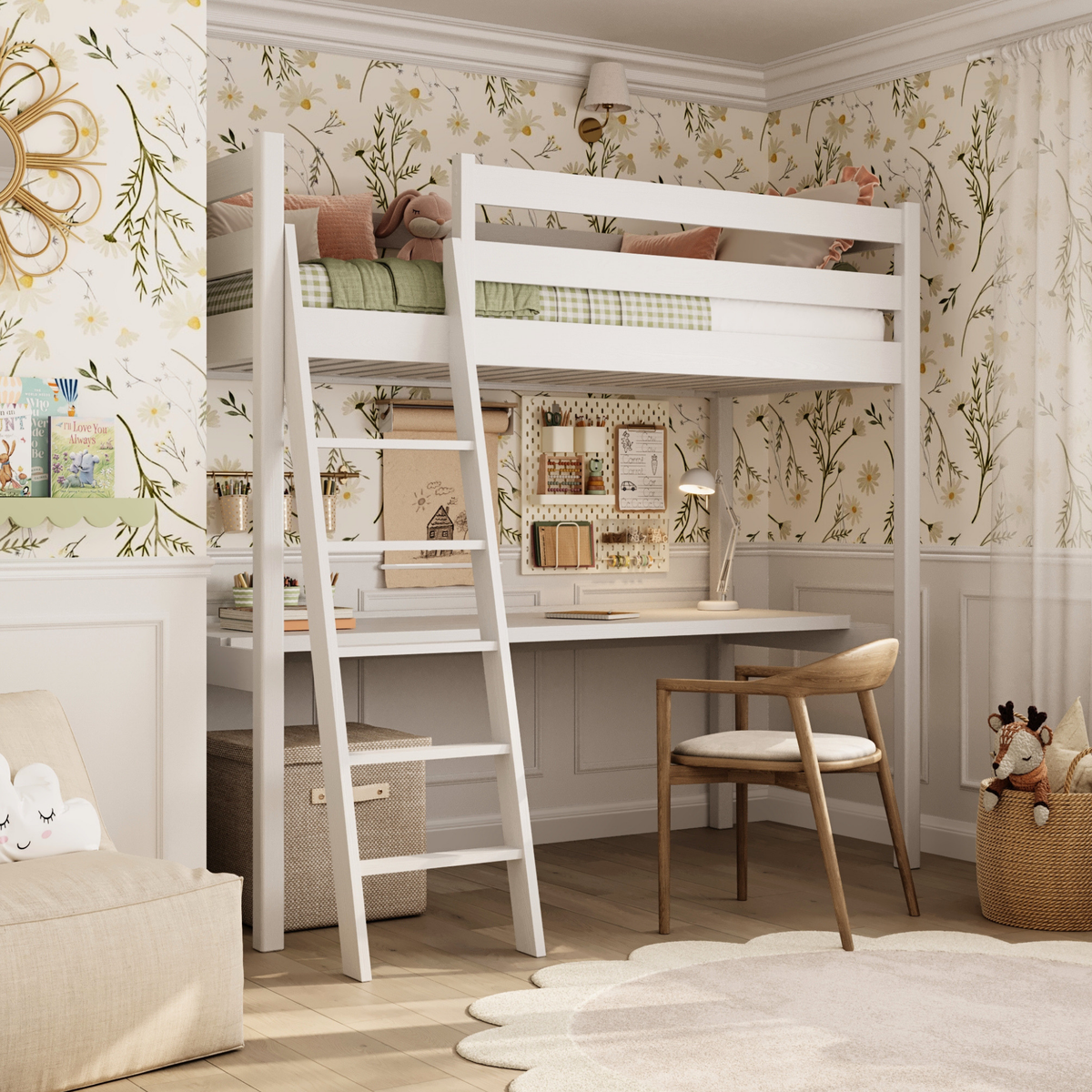 Lit mezzanine blanc avec bureau – espace d'apprentissage sous la chambre, en bois