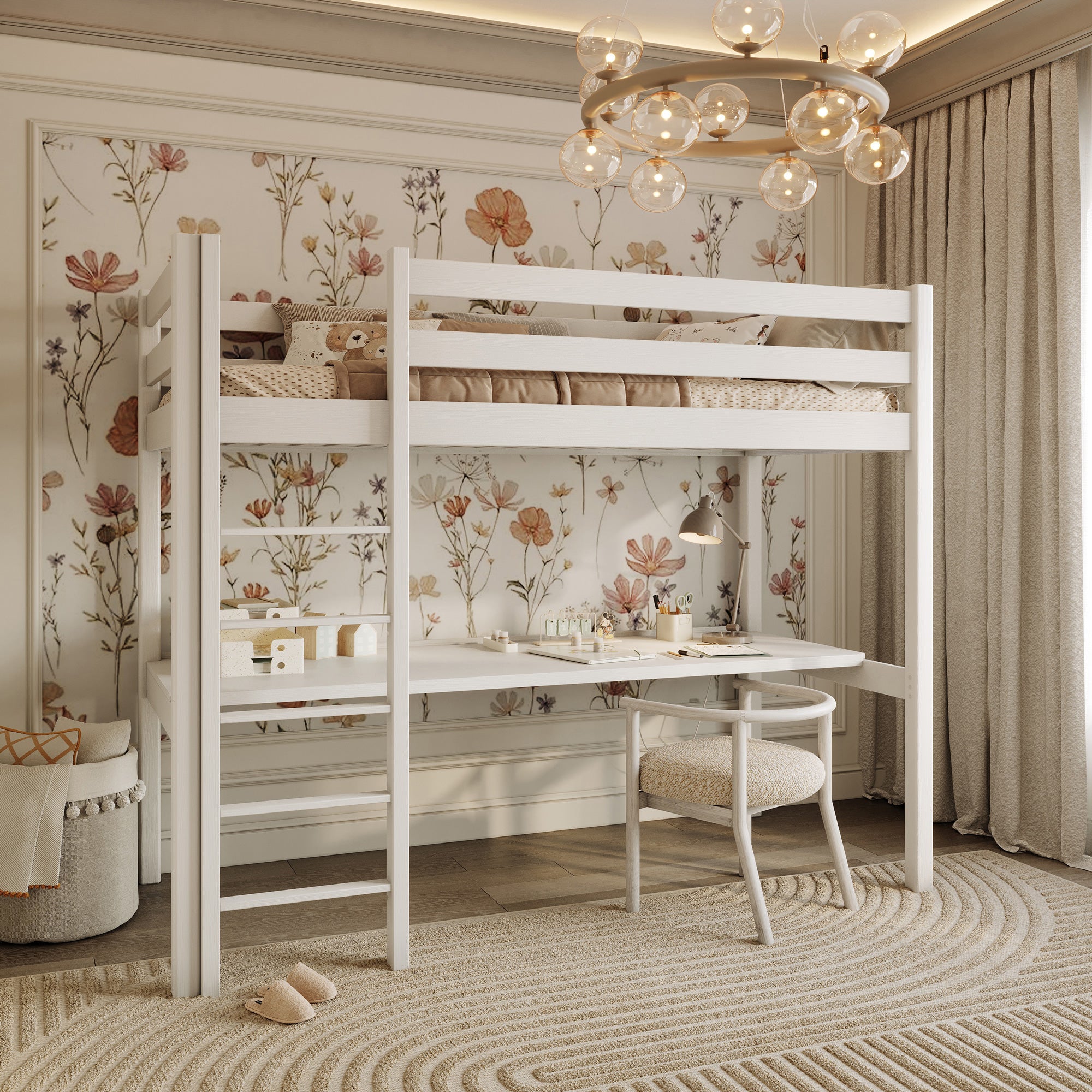 Lit mezzanine avec bureau en bois blanc – chambre d'enfant, scandinave Nizio