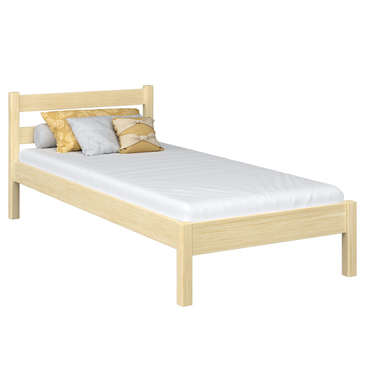 Single wooden bed clear pine – side view, furniture proportions