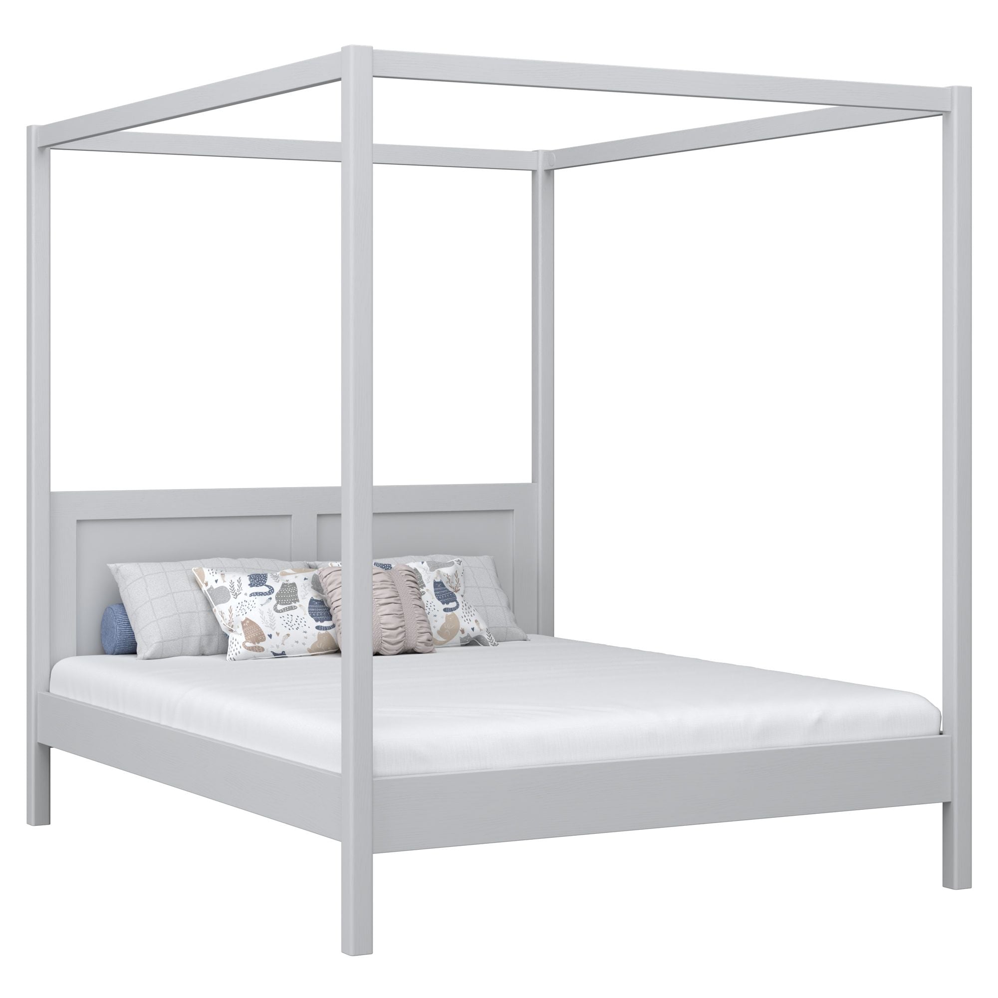 Lit double à baldaquin gris – sommier i lattes, en bois, Nizio