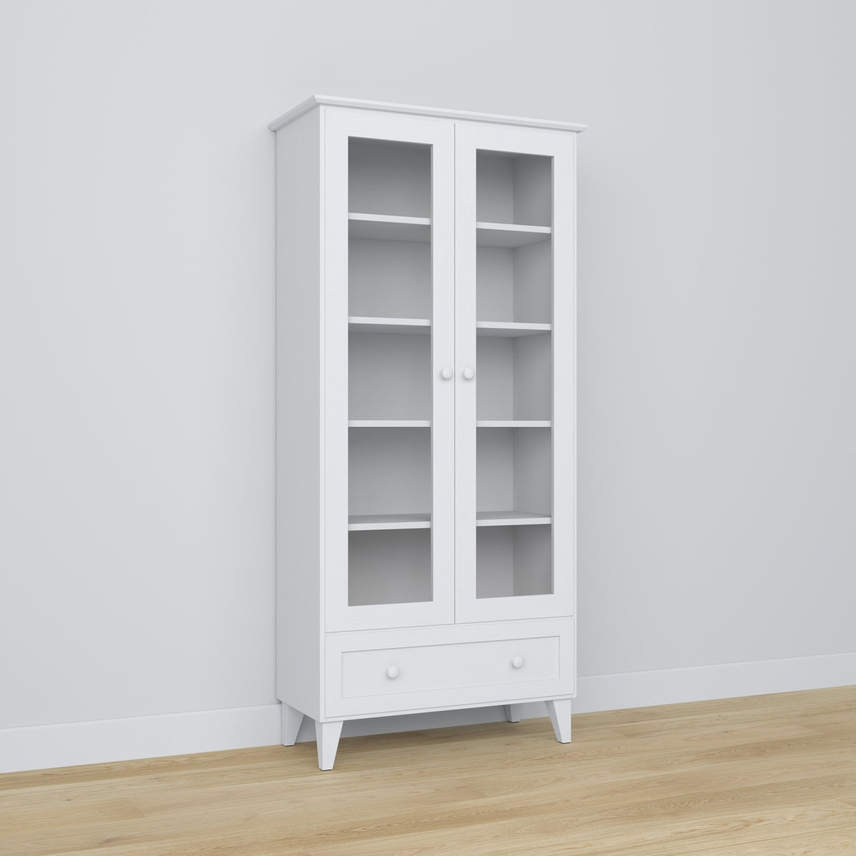 Vitrine 1S 90 blanc – en bois, portes vitrées, vue frontale