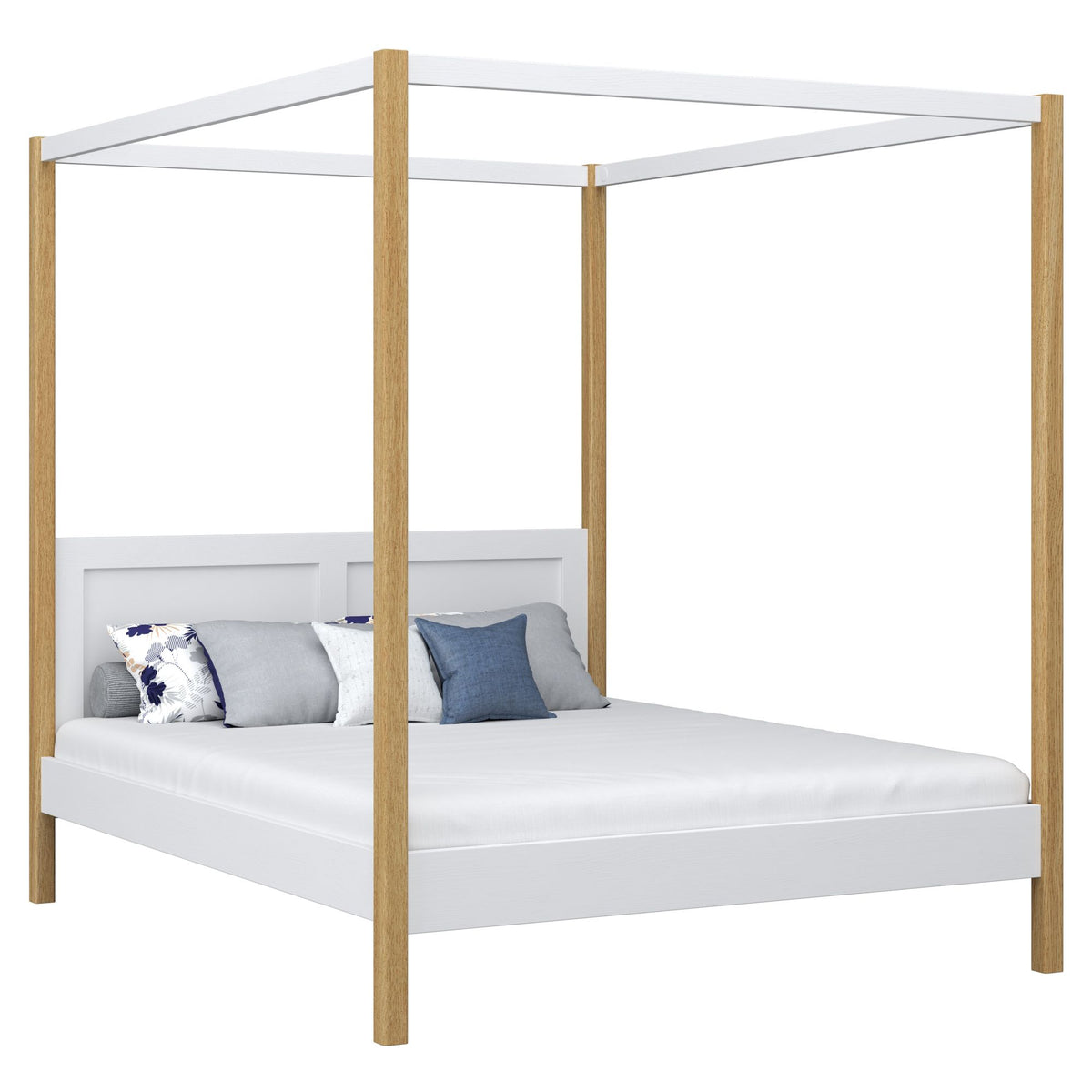 Lit double à baldaquin blanc-chêne – sommier i lattes, en bois, Nizio