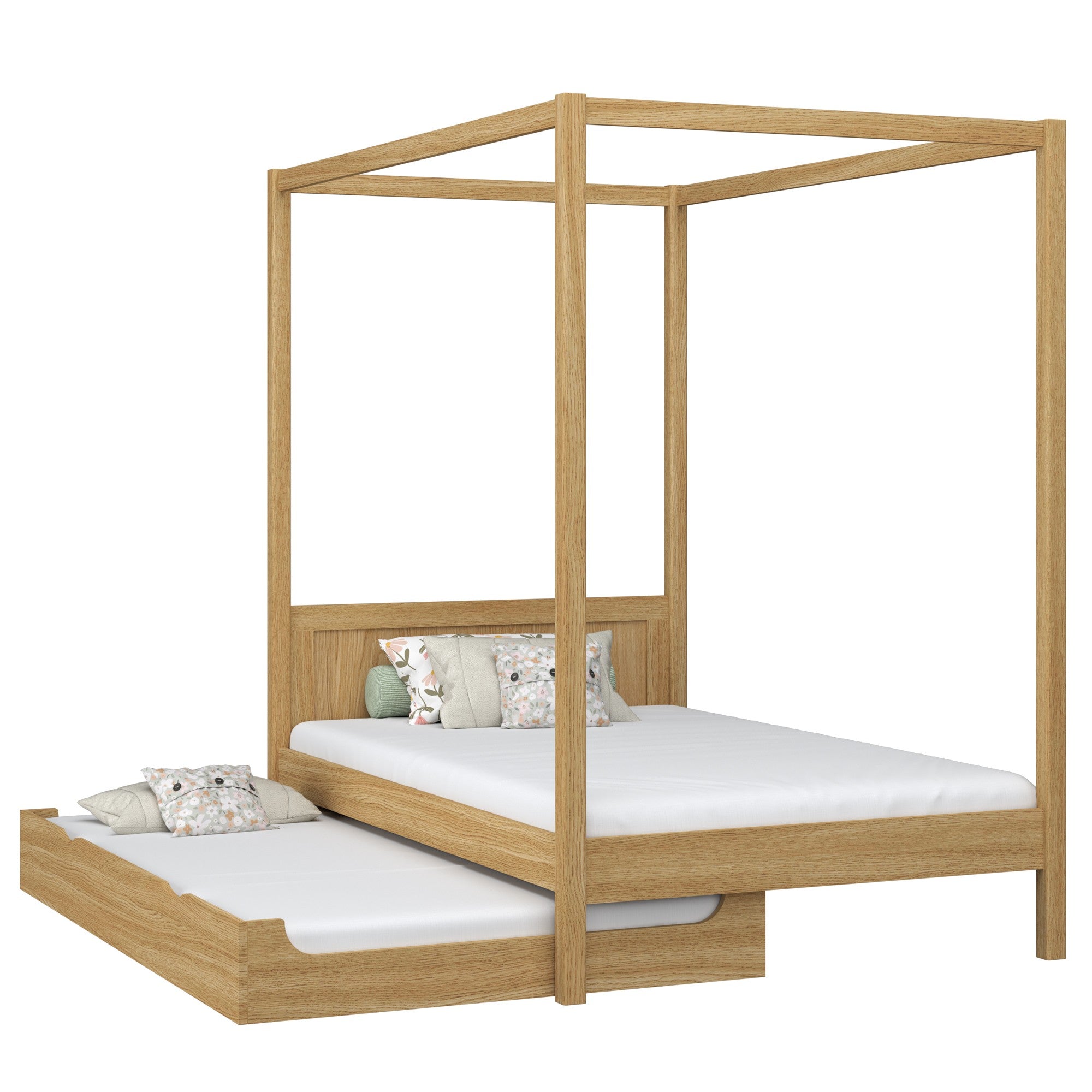 Lit à baldaquin avec tiroir pour matelas en chêne chêne naturel – chambre d'enfant scandinave