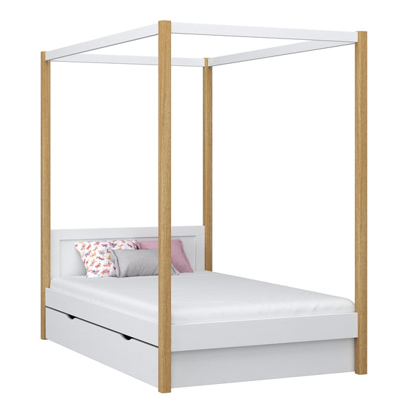 Lit à baldaquin avec tiroir en bois blanc-chêne – chambre d'enfant, style scandinave