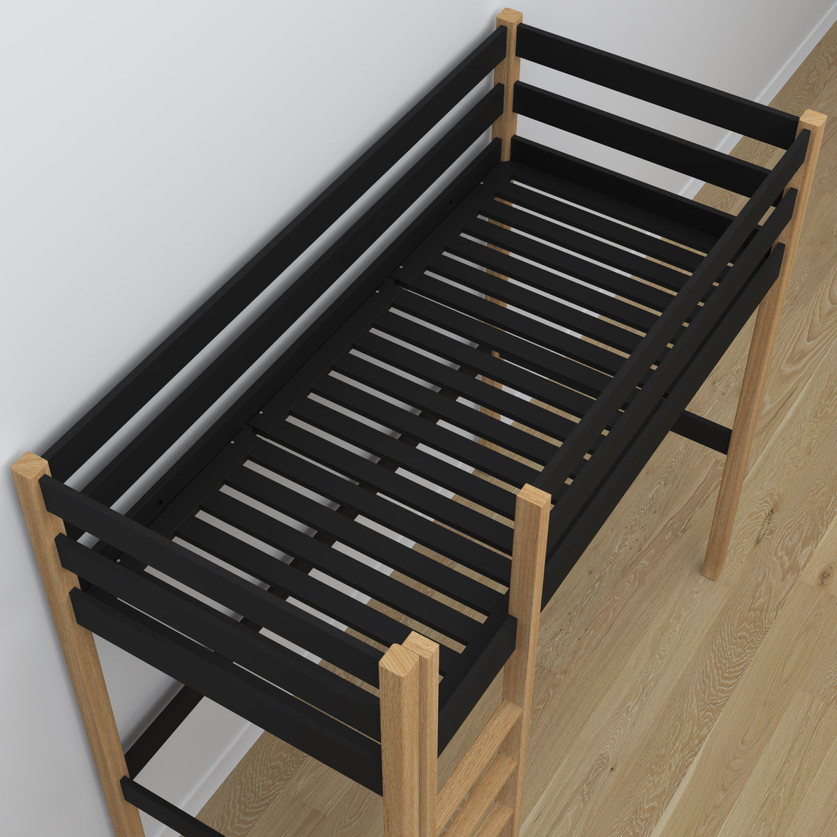 Lit mezzanine en bois noir-chêne – détails des assemblages et de l'échelle, Nizio Home