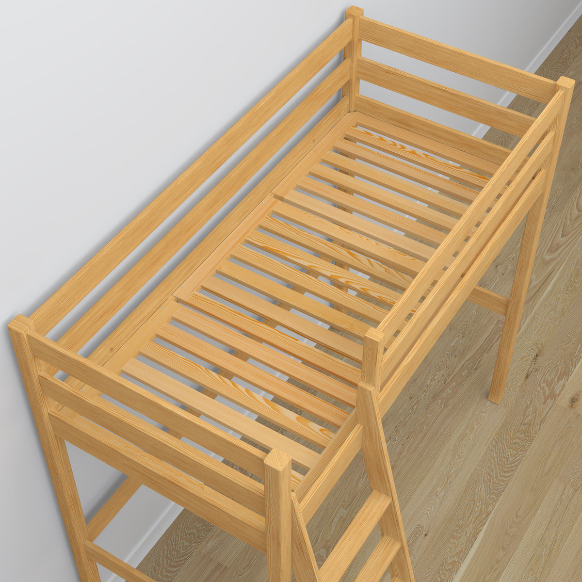 Lit mezzanine pin naturel en bois – vue du dessus na chambre, Nizio