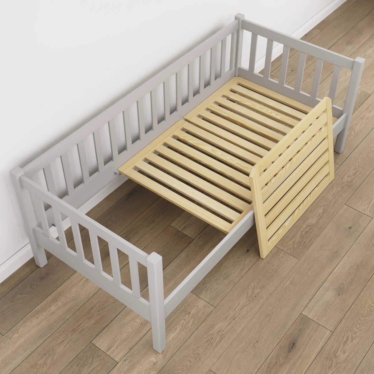 Sofa-lit en bois gris – détails du bois et des assemblages, Nizio Home