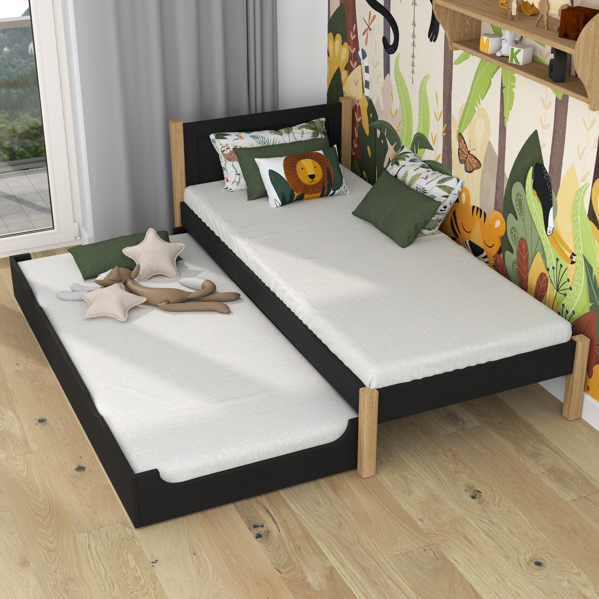 Lit avec tiroir pour matelas en bois noir-chêne – tiroir sorti, invité