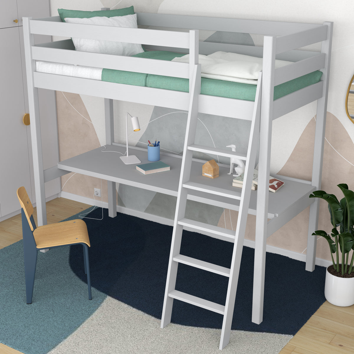 Lit mezzanine gris – bureau en bois pod chambre, chambre d'enfant scandinave