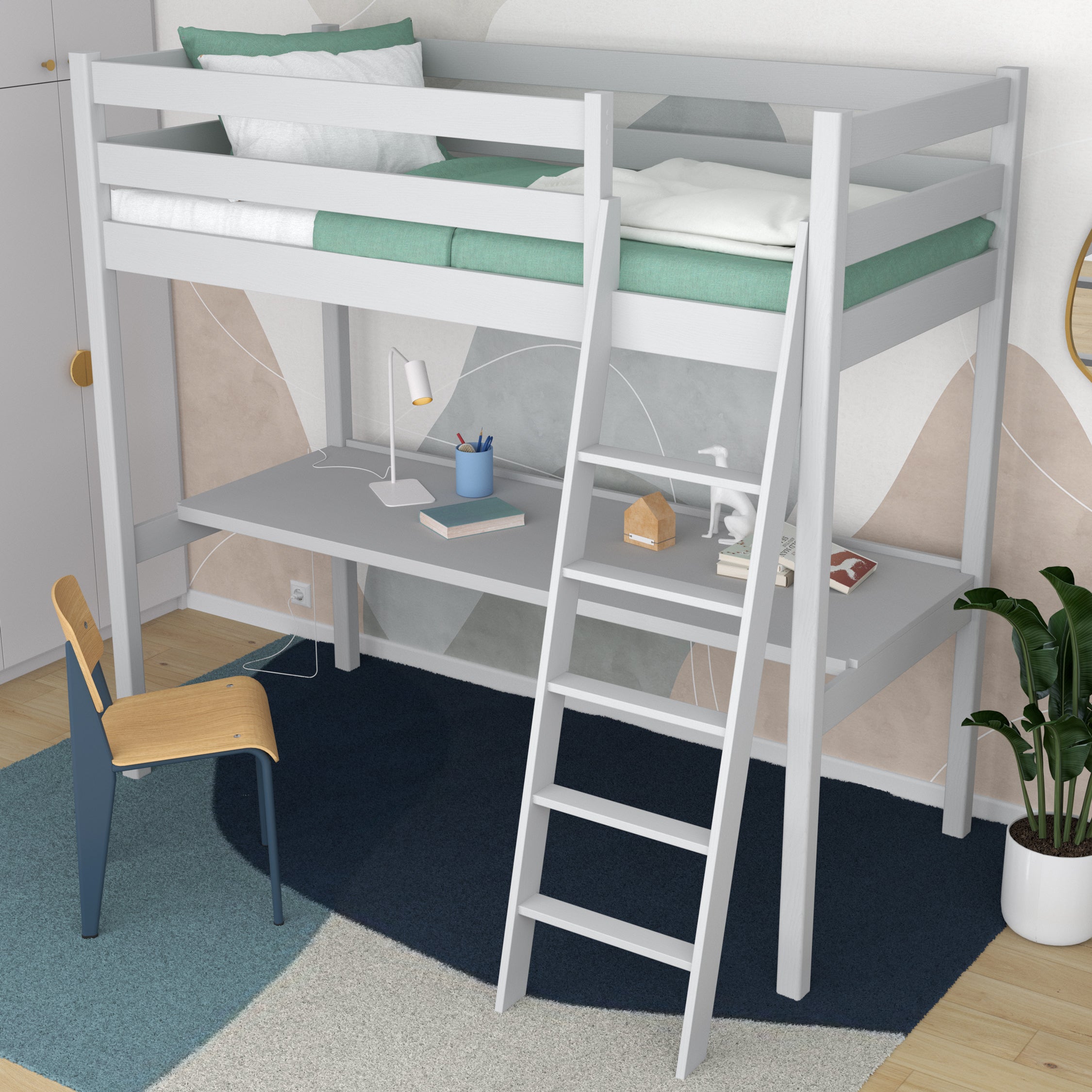 Lit mezzanine gris – bureau en bois pod chambre, chambre d'enfant scandinave