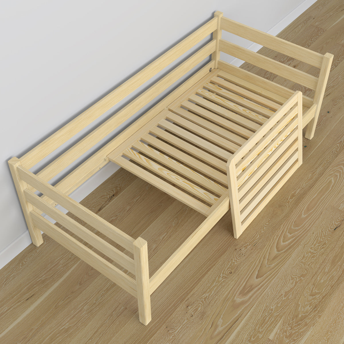 Sofa-lit en bois pin incolore – vue en biais, scandinave