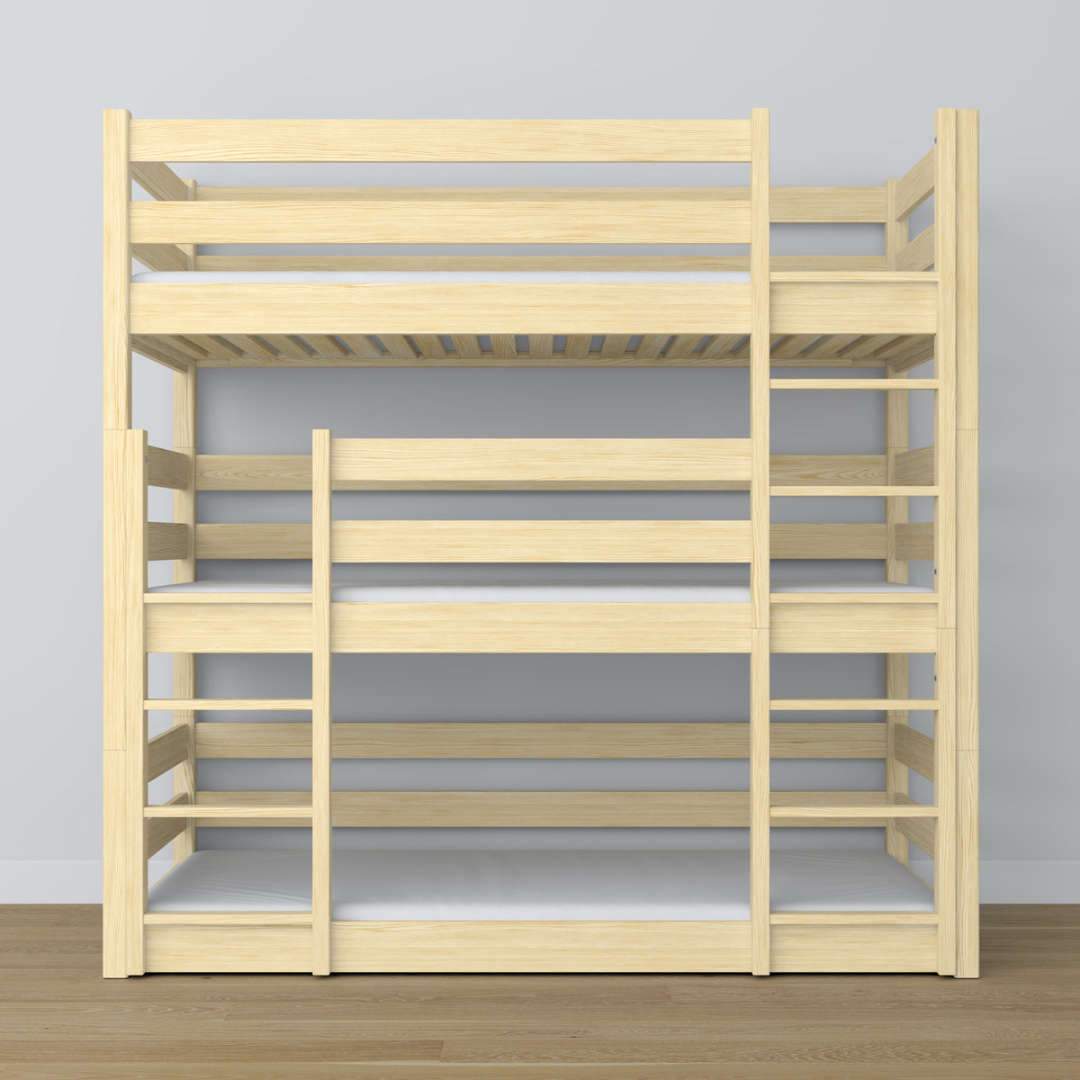 Lit superposé 3 niveaux pin incolore – échelle et barrières de sécurité, en bois