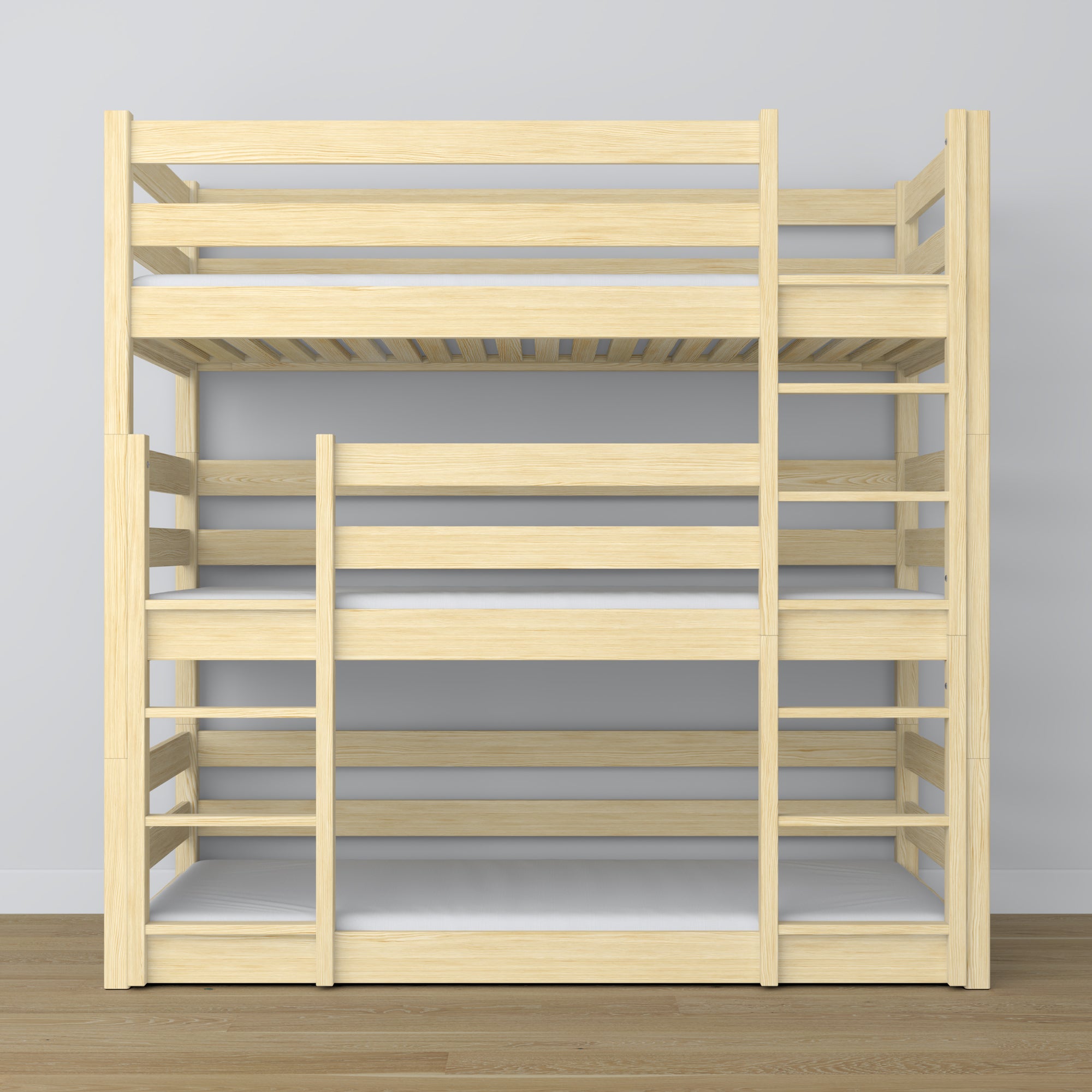 Lit superposé 3 niveaux pin incolore – échelle et barrières de sécurité, en bois