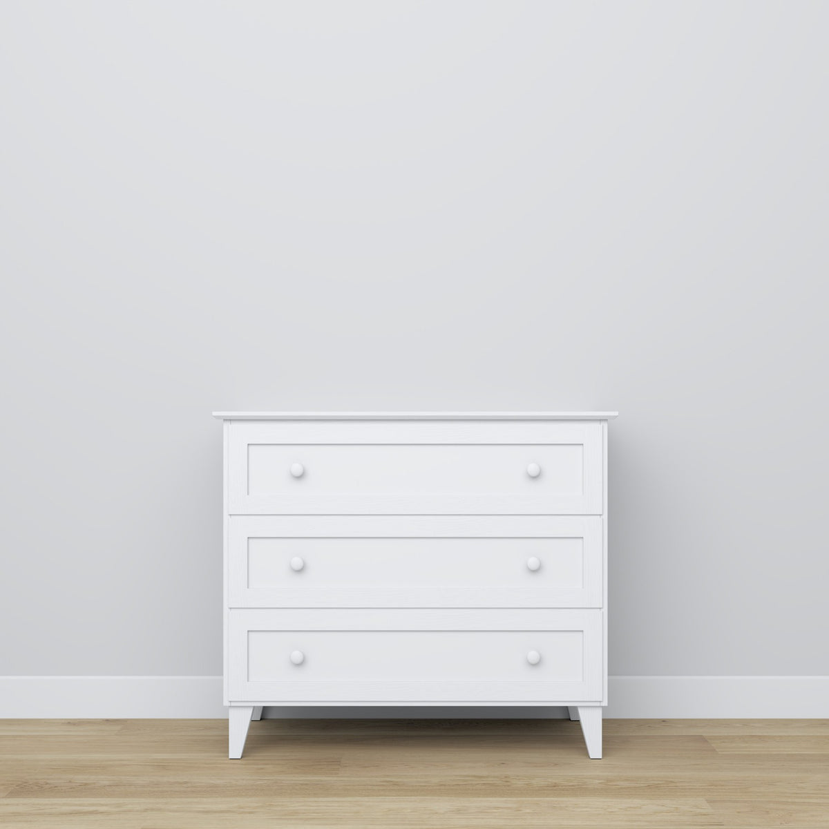 Commode 3S blanc – poignée et face du tiroir, gros plan na en bois