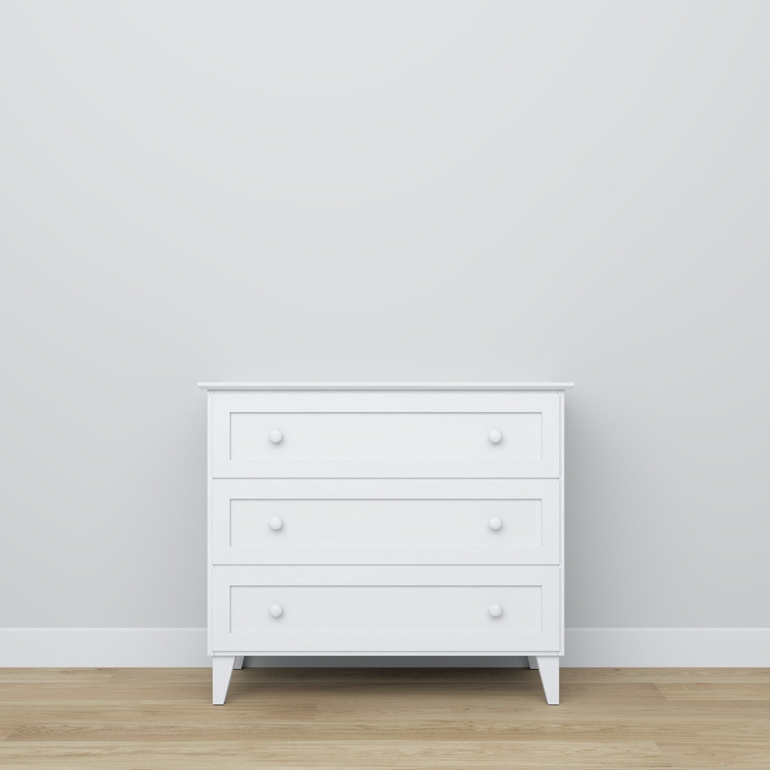 Commode 3S blanc – poignée et face du tiroir, gros plan na en bois