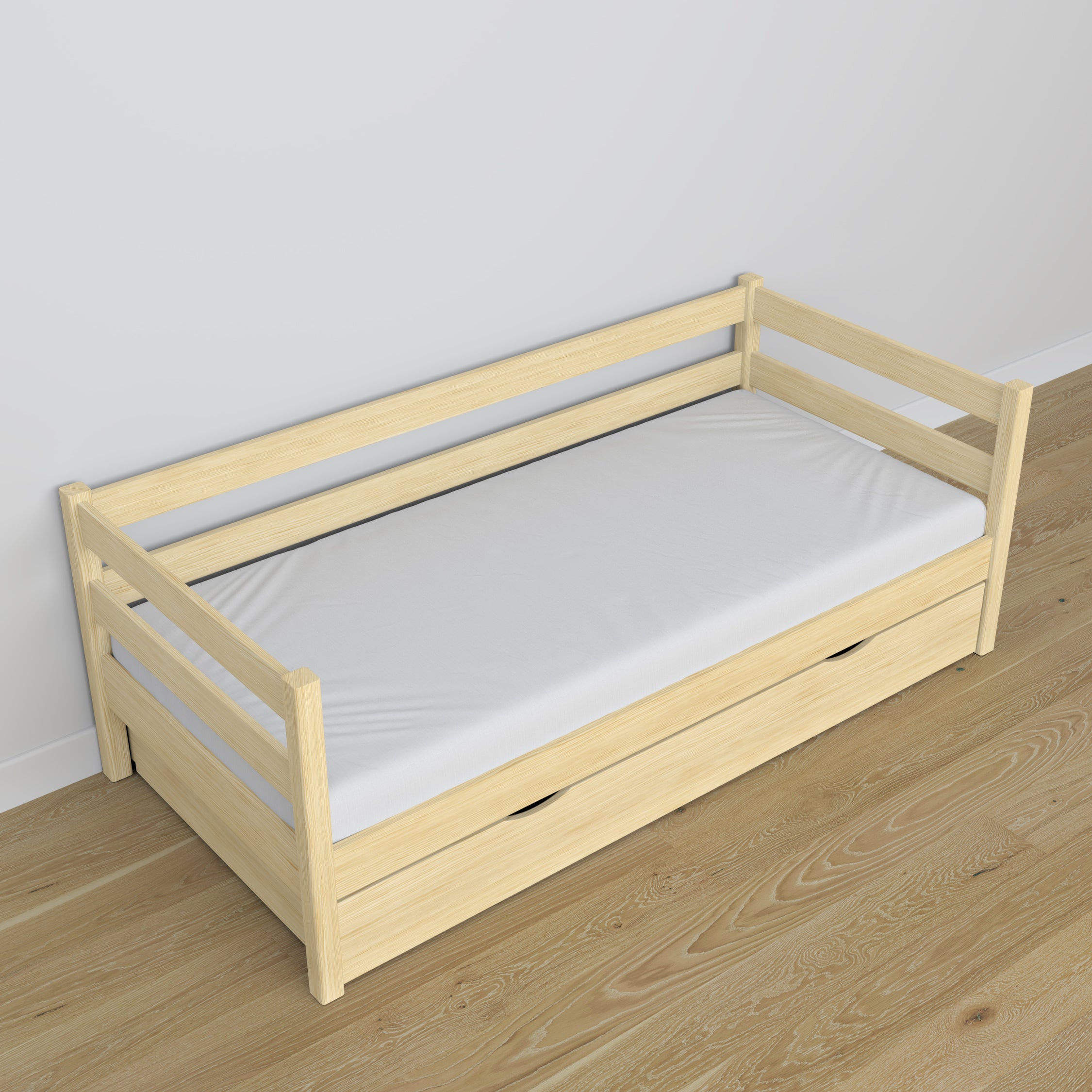 Sofa-lit avec tiroir en bois pin incolore – chambre d'enfant, décoration scandinave