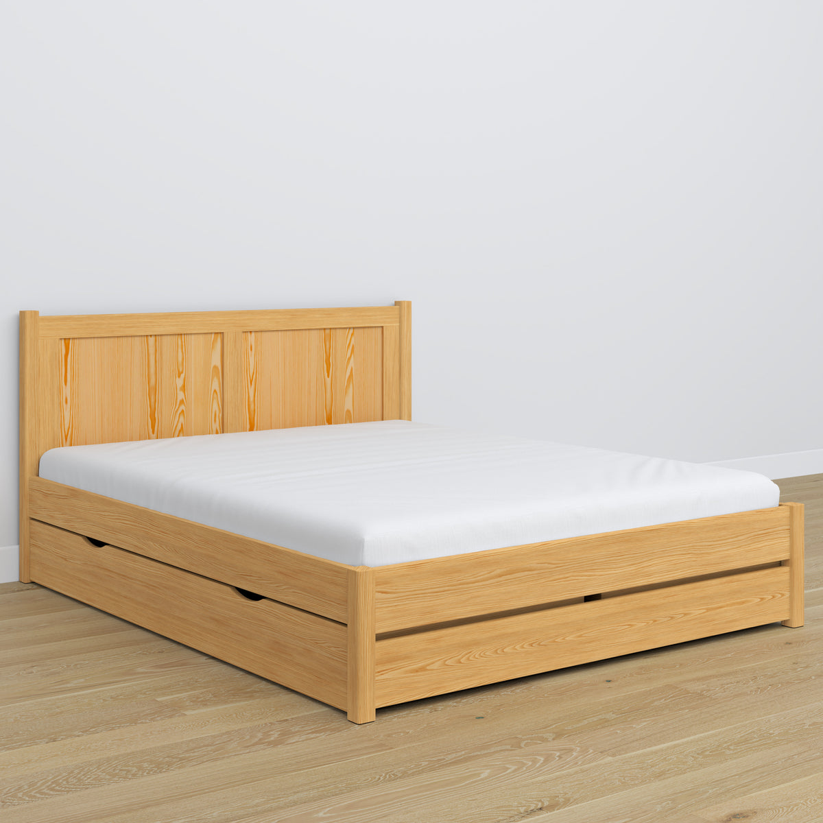 Lit double pin naturel z tiroir – tête de lit en bois, gros plan