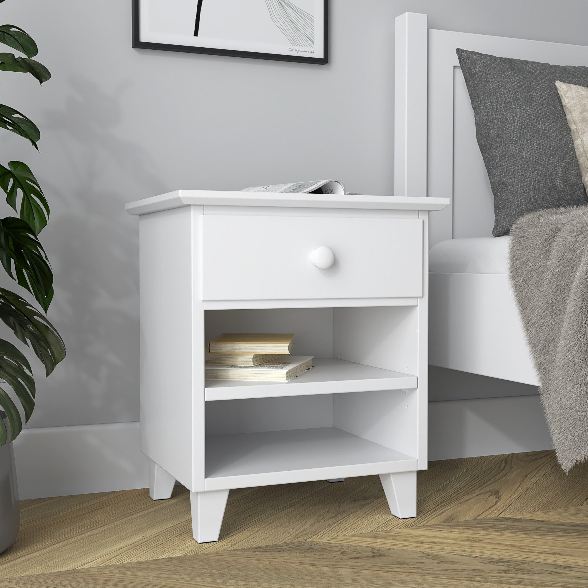 Table de chevet N02 blanc – en bois, vue frontale, Nizio Home