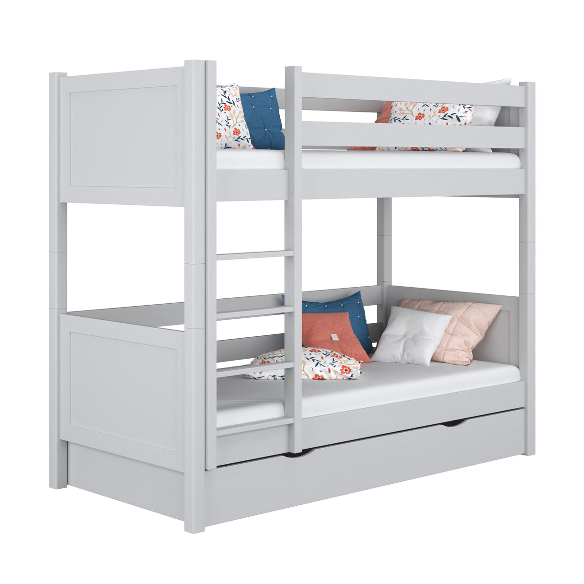 Lit superposé avec tiroir en bois gris – chambre d'enfant, bois massif, scandinave