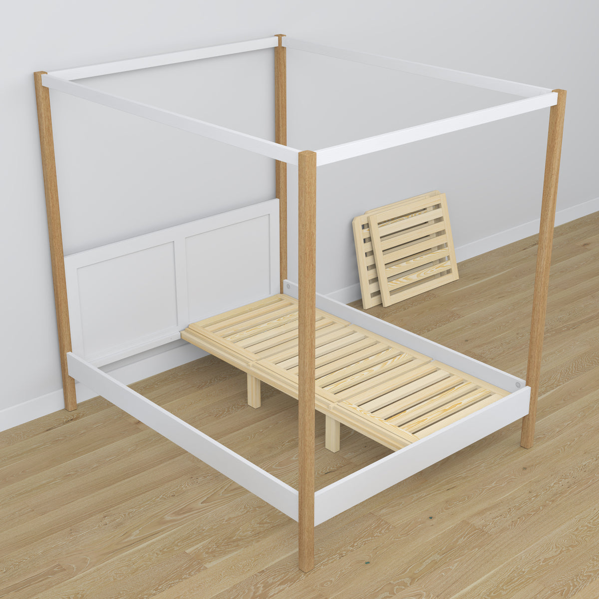 Lit à baldaquin blanc-chêne en bois – vue de côté, style scandinave