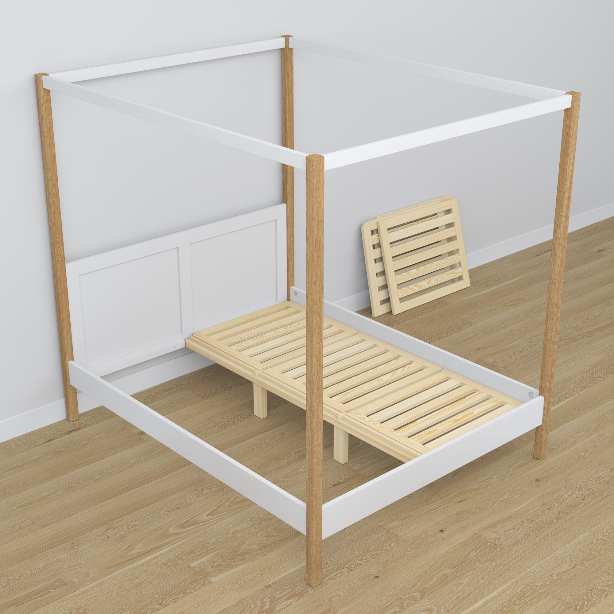 Lit à baldaquin blanc-chêne en bois – vue de côté, style scandinave