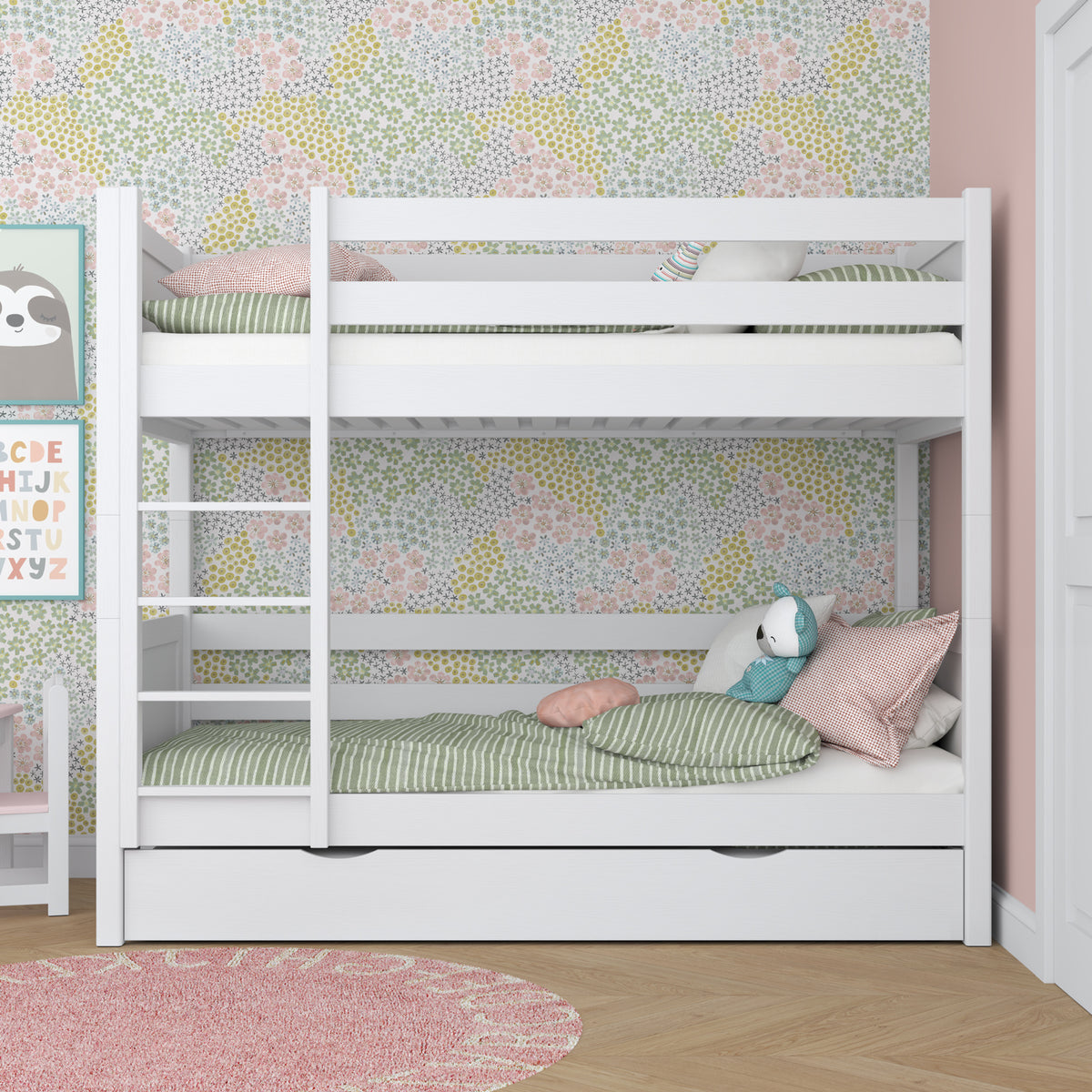 Lit superposé blanc z tiroir – barrière i échelle en bois, Nizio