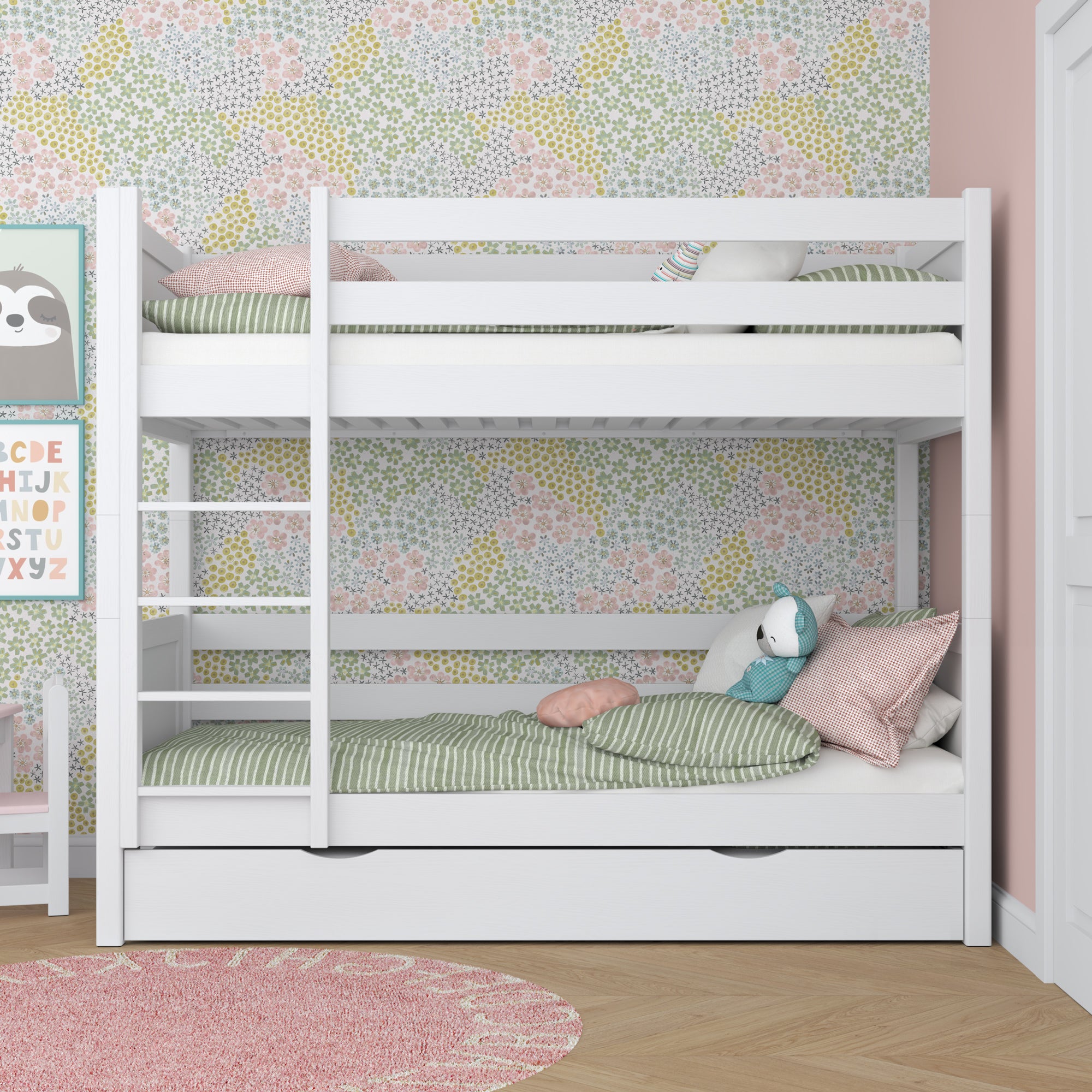 Lit superposé blanc z tiroir – barrière i échelle en bois, Nizio