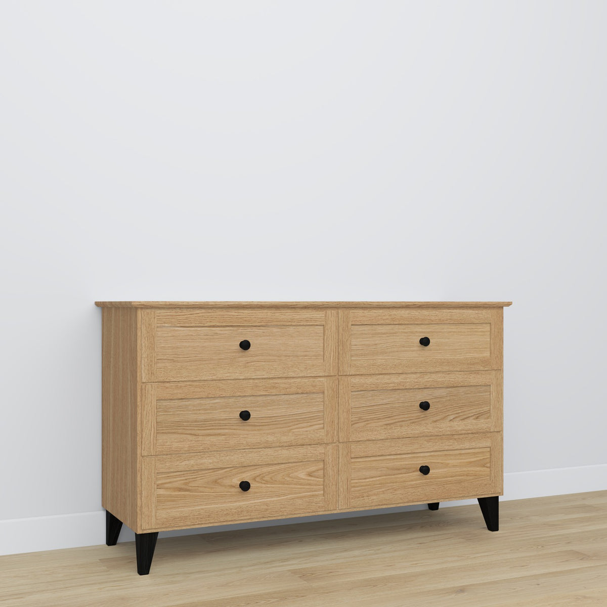 Commode 6S chêne naturel avec noir – en chêne, szuflady fermé, vue frontale, Nizio