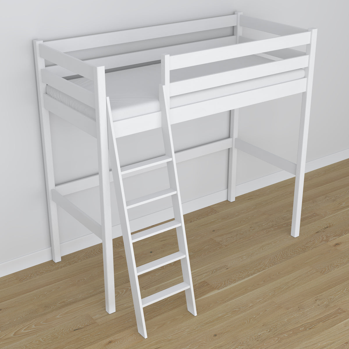 Lit mezzanine blanc – montants et assemblages en bois, gros plan sur la qualité