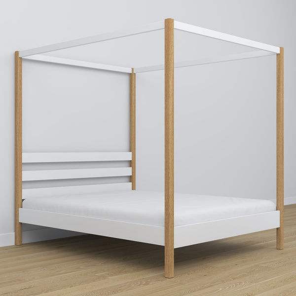 Lit double blanc-chêne avec baldaquin – cadre décoratif en bois, scandinave