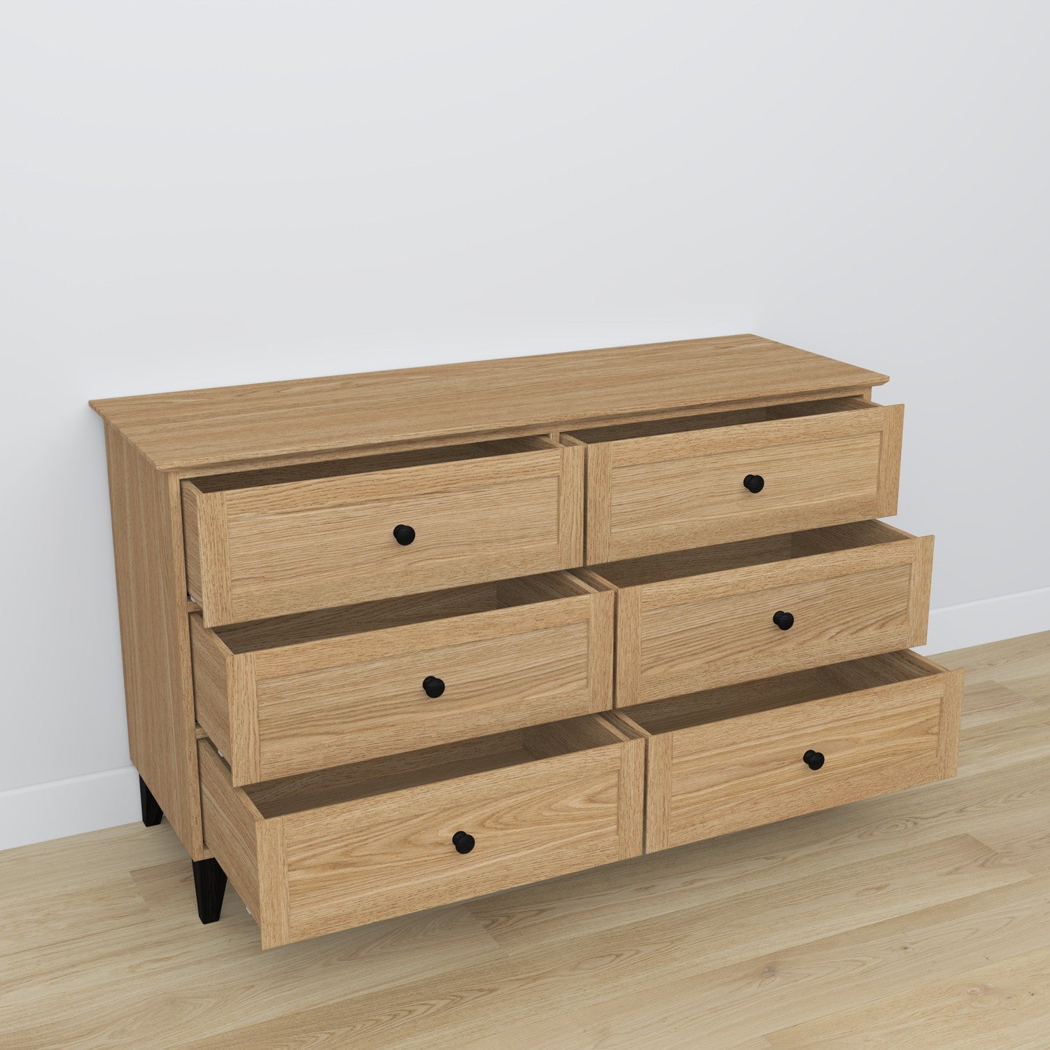 Commode 6S en chêne chêne naturel avec noir – szuflady otwarte, pojemne l'intérieur rangements