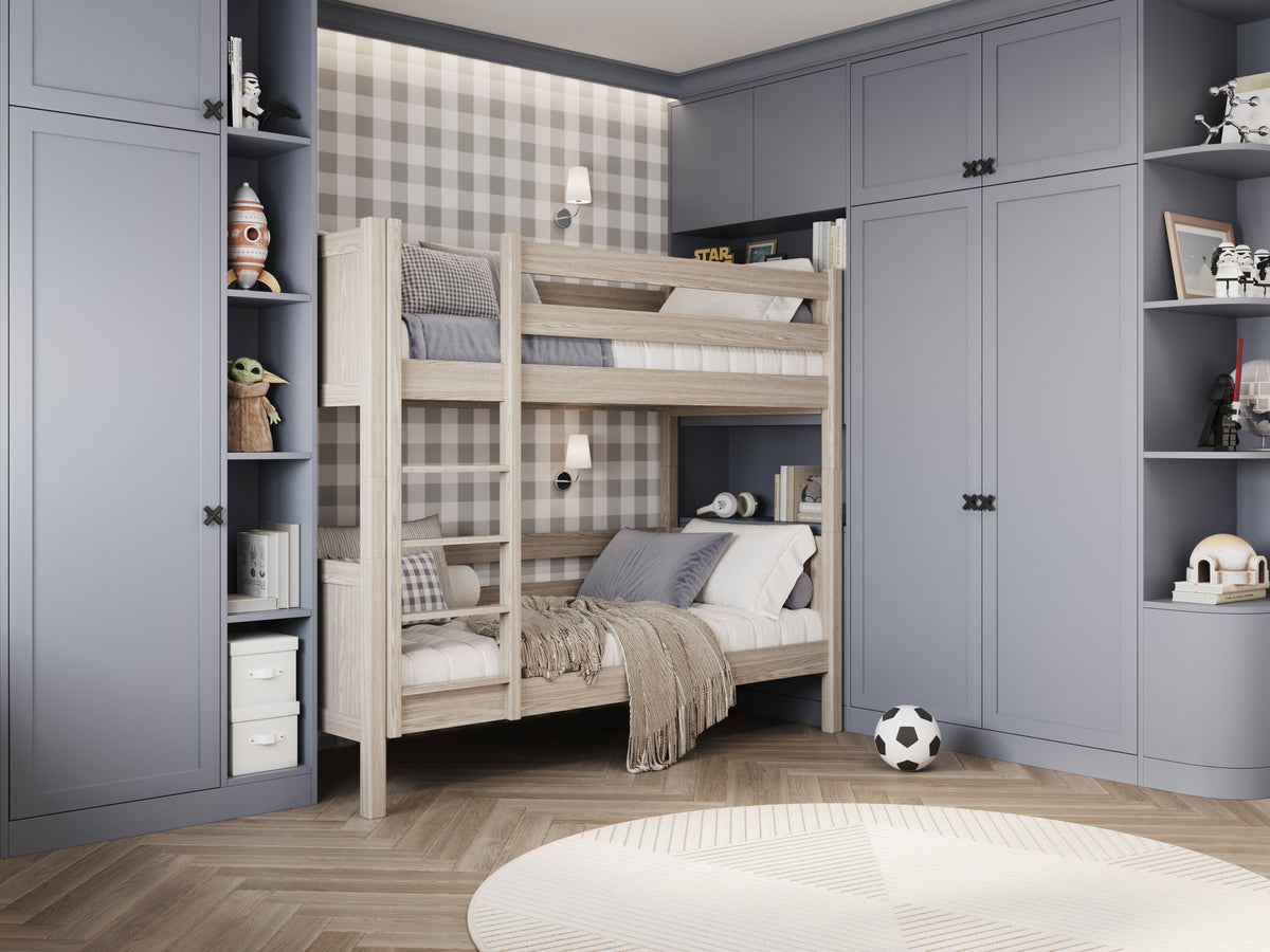 Lit superposé chêne blanchi dans la chambre d'enfant – décoration scandinave, en chêne