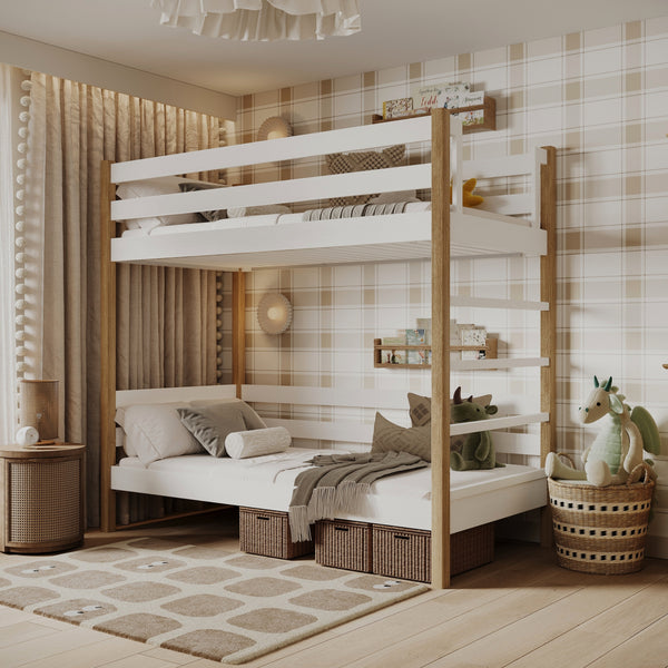 White and Oak Bunk Bed – Wooden Ladder and Safety Rail, Nizio Home
