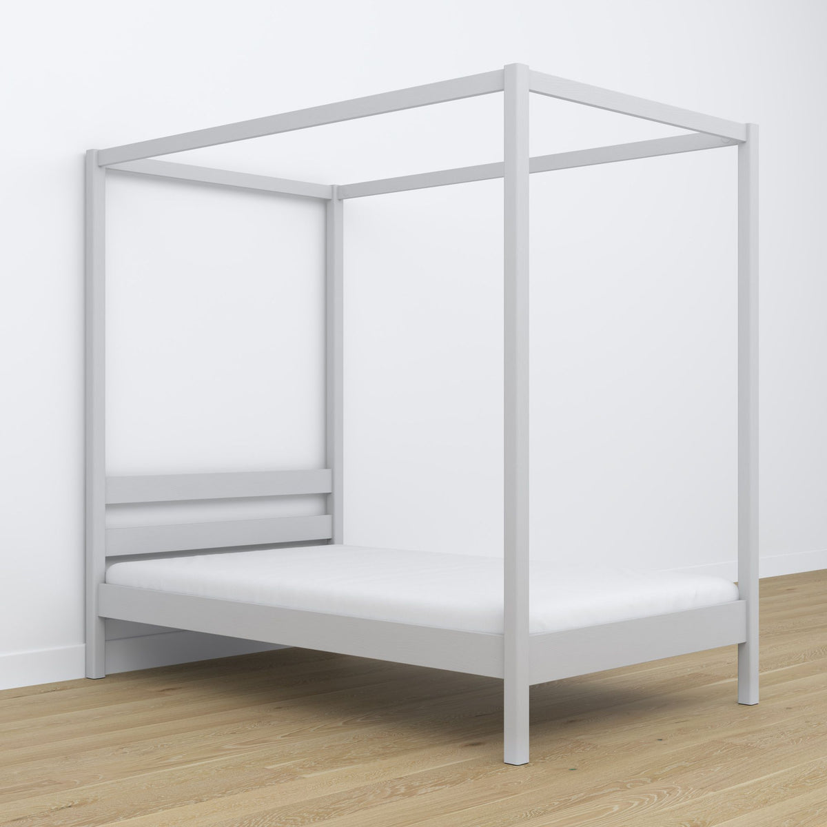 Lit gris avec baldaquin – cadre décoratif en bois, sécurisé pour les enfants